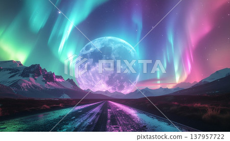 一輪巨大的滿月和一條筆直的道路漂浮在極光籠罩的夜空中。 137957722