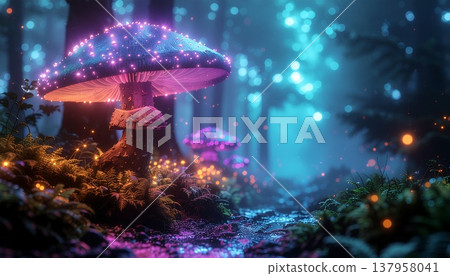 一片奇幻的發光蘑菇森林（奇幻夜景） 137958041