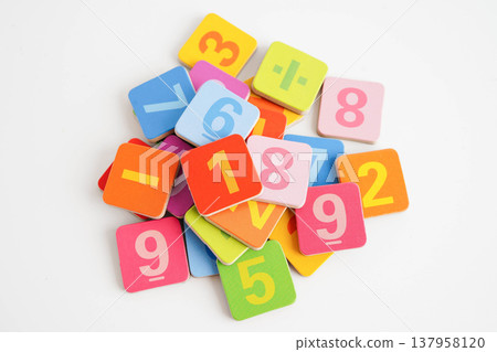 Number wood block cubes for learning Mathematic, education math. Number wood block cubes for learning Mathematic, education math. 137958120