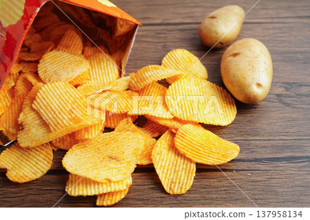 Potato chips in open bag, delicious BBQ seasoning spicy for crips, thin slice deep fried snack fast food. Potato chips in open bag, delicious BBQ seasoning spicy for crips, thin slice deep fried snack fast food. 137958134