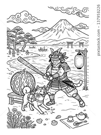 浮世繪風格的武士貓和柴犬的著色插圖(線稿材料) 浮世繪風格的武士貓和柴犬的著色插圖(線稿材料) 137958226