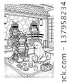 Ukiyo-e style coloring page illustration of a samurai cat and a Shiba Inu (line art material) 137958234