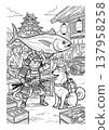 Ukiyo-e style coloring page illustration of a samurai cat and a Shiba Inu (line art material) 137958258