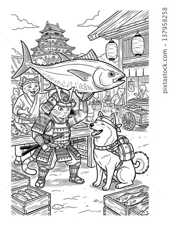 浮世繪風格的武士貓和柴犬的著色插圖（線稿材料） 137958258