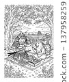 Ukiyo-e style coloring page illustration of a samurai cat and a Shiba Inu (line art material) 137958259