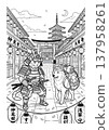 Ukiyo-e style coloring page illustration of a samurai cat and a Shiba Inu (line art material) 137958261