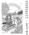 Ukiyo-e style coloring page illustration of a samurai cat and a Shiba Inu (line art material) 137958263