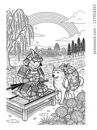 Ukiyo-e style coloring page illustration of a samurai cat and a Shiba Inu (line art material) 137958263