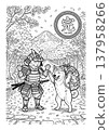 Ukiyo-e style coloring page illustration of a samurai cat and a Shiba Inu (line art material) 137958266