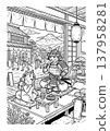 Ukiyo-e style coloring page illustration of a samurai cat and a Shiba Inu (line art material) 137958281