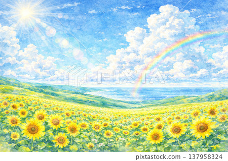盛開的向日葵、彩虹、大海、夏日景象、水彩畫 137958324