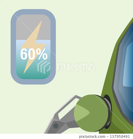 Vector or illustration featuring a digital battery status indicator showing 60% charge. Icon includes yellow lightning bolt over a teal gradient liquid level set against a soft pale green background.  137958491