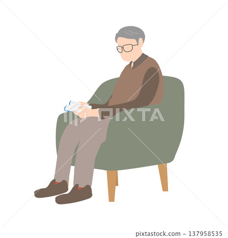 A senior man sitting in a chair and reading a book; a scene of elderly people reading. A senior man sitting in a chair and reading a book; a scene of elderly people reading. 137958535