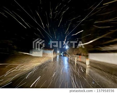 A road on a snowy night A road on a snowy night 137958556
