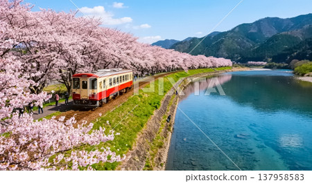 櫻花、清澈的溪流和火車——人工智慧生成的圖像 櫻花、清澈的溪流和火車——人工智慧生成的圖像 137958583