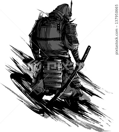 武士背影墨水畫插圖 137958665