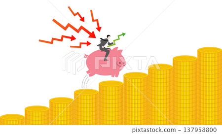 Businessman riding a pink piggy bank up a bar graph made of stacked gold coins while holding a green upward arrow, outperforming falling red market chart for winning strategy Businessman riding a pink piggy bank up a bar graph made of stacked gold coins while holding a green upward arrow, outperforming falling red market chart for winning strategy 137958800