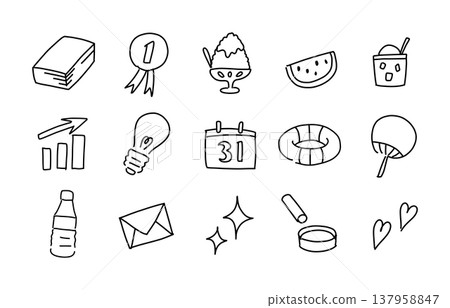 A set of hand-drawn summer illustrations. Simple line drawings of shaved ice, watermelon, floats, inner tubes, fans, etc. A set of hand-drawn summer illustrations. Simple line drawings of shaved ice, watermelon, floats, inner tubes, fans, etc. 137958847