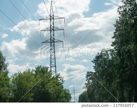Electrical pylon in forest landscape. Transmission tower with overhead power lines against blue sky with clouds. Infrastructure for energy supply, electrical grid and power distribution. Electrical pylon in forest landscape. Transmission tower with overhead power lines against blue sky with clouds. Infrastructure for energy supply, electrical grid and power distribution. 137958857