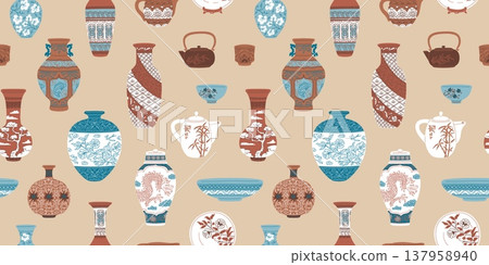 Traditional Asian vase, plate, bowl and kettle, vector vintage seamless pattern, oriental porcelain tableware background 137958940