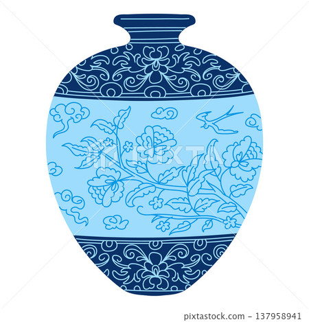 Elegant traditional Asian vase, vector vintage oriental pottery with blue floral ornaments, blossom flowers and bird 137958941