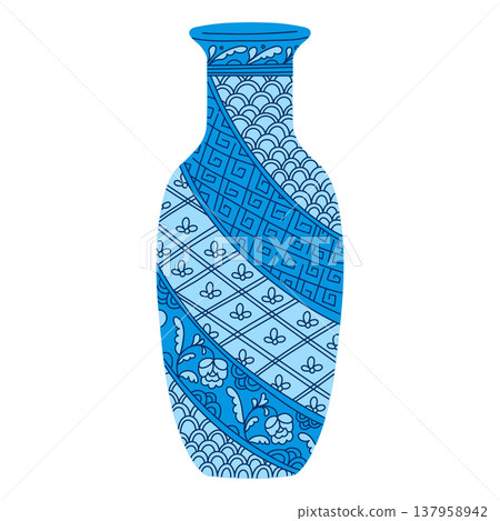 A decorative blue vase with a variety of geometric and floral patterns in an oriental style. A decorative blue vase with a variety of geometric and floral patterns in an oriental style. 137958942