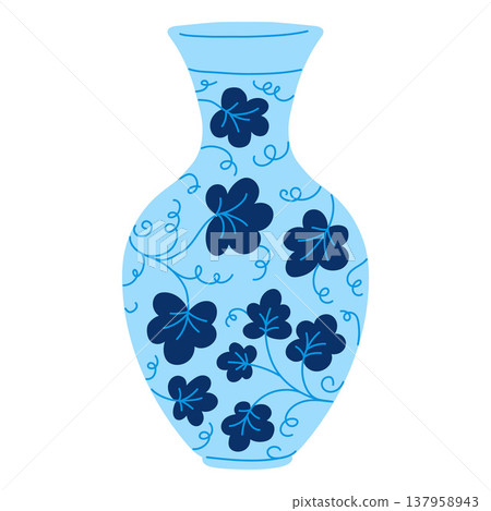 Elegant traditional Asian vase, vector vintage oriental porcelain pottery with blue floral ornaments and blossom flowers Elegant traditional Asian vase, vector vintage oriental porcelain pottery with blue floral ornaments and blossom flowers 137958943