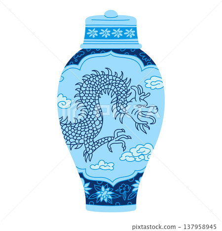 Traditional Asian vase, urn with lid, vector vintage blue oriental pottery with dragon in the sky and floral ornament 137958945