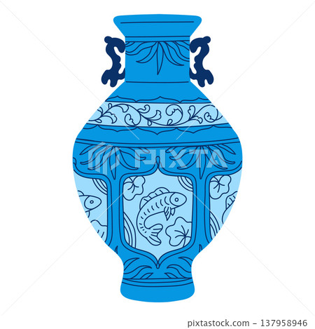 Traditional Asian vase, vector vintage oriental pottery with blue floral ornament and fish, porcelain tableware, amphora 137958946