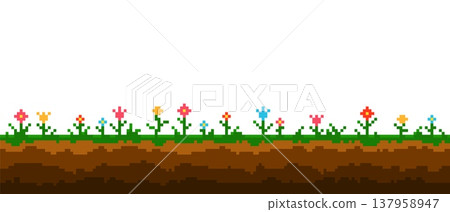 Pixel art game background with ground, grass and different flowers lawn, vector 8 bit video game blooming field nature Pixel art game background with ground, grass and different flowers lawn, vector 8 bit video game blooming field nature 137958947