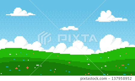 Pixel art lawn game background, green grass, blue sky and clouds, vector c8 bit video game summer day hilly landscape 137958952