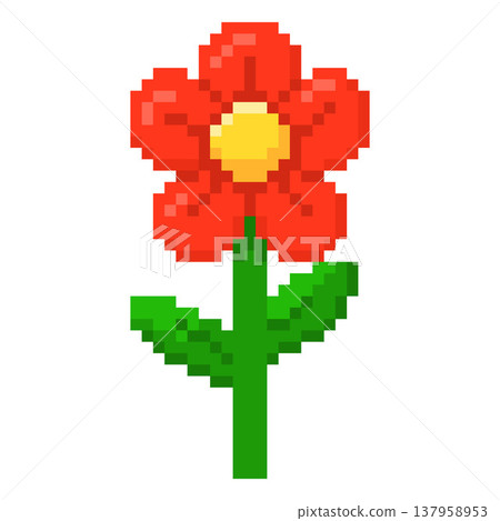 A red pixel flower on a green stem with leaves in 8-bit style. 137958953