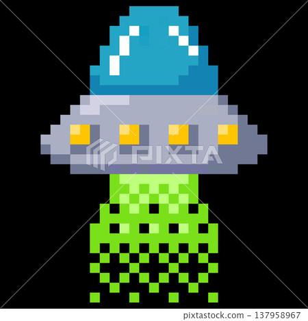 Alien spaceship, UFO spacecraft vector pixel art, cartoon cosmos unidentified round sauce shuttle with green flame Alien spaceship, UFO spacecraft vector pixel art, cartoon cosmos unidentified round sauce shuttle with green flame 137958967
