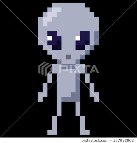A gray pixelated alien with a large head, black eyes, arms, and legs, 8-bit. A gray pixelated alien with a large head, black eyes, arms, and legs, 8-bit. 137958968