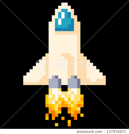 Pixel icon of a space rocket with burning turbines, 8-bit. 137958971