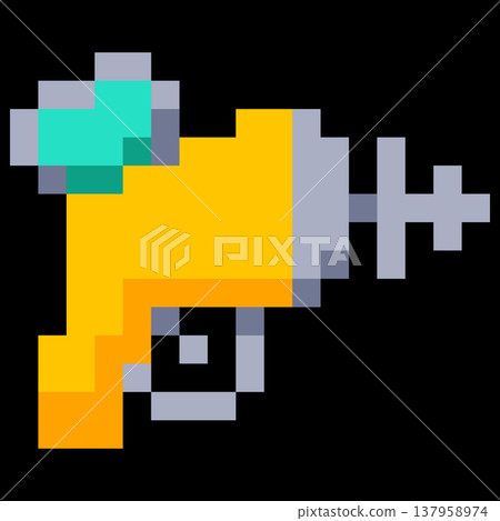 Space blaster pixel art, fantasy retro 8 bit galactic war video game blaster gun, cartoon vector futuristic alien weapon Space blaster pixel art, fantasy retro 8 bit galactic war video game blaster gun, cartoon vector futuristic alien weapon 137958974