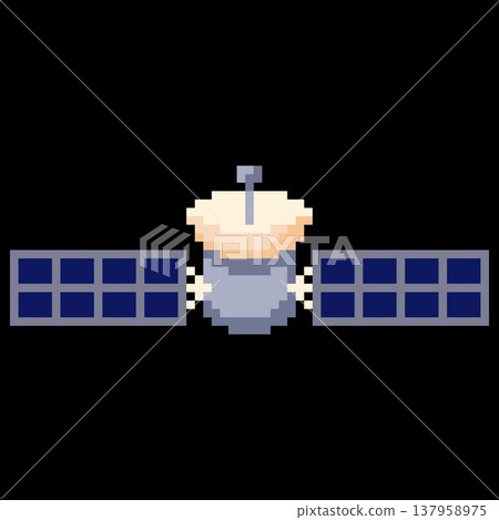 Space orbital satellite vector pixel art, cartoon retro 8 bit video game spaceship shuttle with solar panels and antenna Space orbital satellite vector pixel art, cartoon retro 8 bit video game spaceship shuttle with solar panels and antenna 137958975