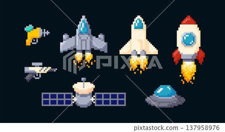 A pixelated set of space vehicles and weapons, 8-bit, on a black isolated background. A pixelated set of space vehicles and weapons, 8-bit, on a black isolated background. 137958976