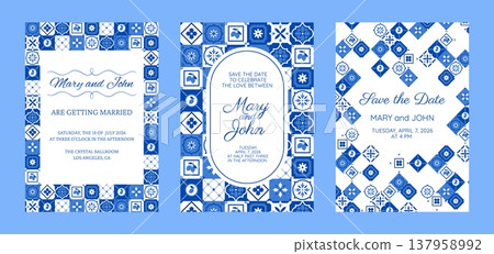 Bridal invitation card with Mediterranean, Italian blue tile, Amalfi wedding postcard vector designs set, Save the date 137958992