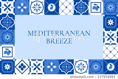 Mediterranean breeze banner vector design, Amalfi tile, blue ceramic mosaic tiles pattern with floral ornament and lemon 137958993