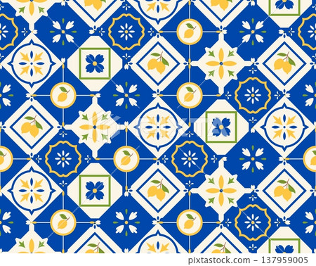 Mediterranean Amalfi tile, mosaic, vector colored ceramic tiles seamless pattern, square with floral ornament and lemons 137959005