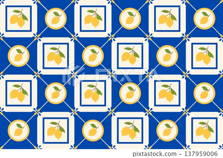 Mediterranean Amalfi tile, mosaic, vector colored ceramic tiles seamless pattern, picture square with lemons ornament 137959006