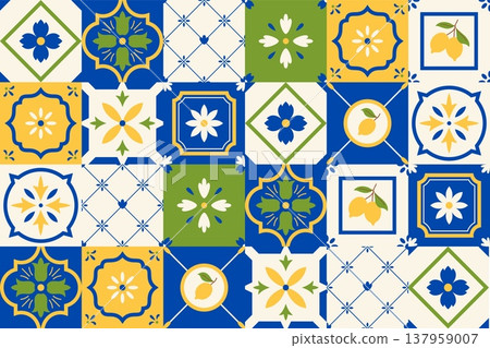 Mediterranean Amalfi tile, mosaic, vector colored ceramic tiles pattern, picture square with floral ornament and lemons Mediterranean Amalfi tile, mosaic, vector colored ceramic tiles pattern, picture square with floral ornament and lemons 137959007