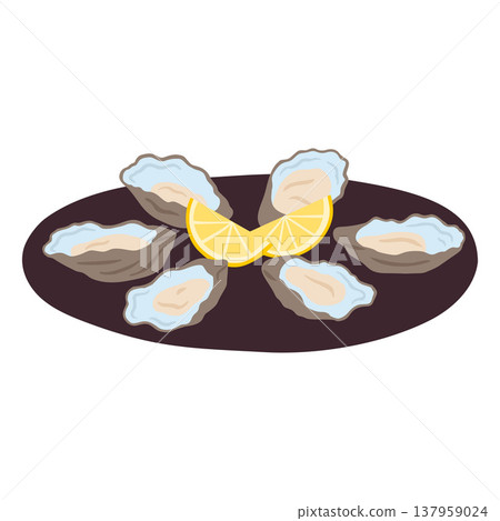 Oyster in shell with lemon slices on the plate vector flat illustration, seafood dish, Mediterranean menu design Oyster in shell with lemon slices on the plate vector flat illustration, seafood dish, Mediterranean menu design 137959024