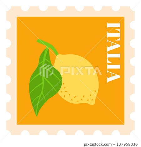 Postage stamp with lemon and wavy edges, vector flat lemon fruit with leaf, Mediterranean Italia poster design 137959030