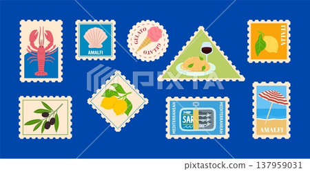Mediterranean design elements collection, Amalfi Italia posters vector set, postage stamp with seashell, olives, lobster Mediterranean design elements collection, Amalfi Italia posters vector set, postage stamp with seashell, olives, lobster 137959031