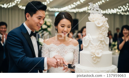 Wedding - Asian Couple Cutting Elegant White Tiered Wedding Cake at Elegant Reception with Guests Wedding - Asian Couple Cutting Elegant White Tiered Wedding Cake at Elegant Reception with Guests 137959063