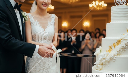 Wedding - Asian Couple Cutting Tiered White Wedding Cake at Elegant Reception Hall with Guests 137959064