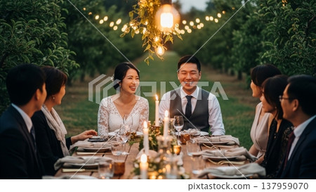 Wedding - Asian Couple Laughing at Outdoor Candlelit Reception Dinner in Orchard with String Lights 137959070