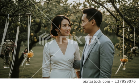 Wedding - Asian Couple Standing Together in Outdoor Orchard Garden Ceremony with Hanging Floral Decorations 137959076